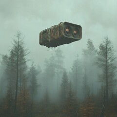 Poster - 3d rendering of a camera in flight gliding over a misty forest with its lens zooming in on the landscape below The camera appears to defy gravity as it moves smoothly through the air