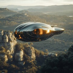 Poster - 3d rendering of a sleek futuristic camera flying through the air its metallic surface reflecting sunlight hovering above a scenic landscape as it captures breathtaking shots in midflight