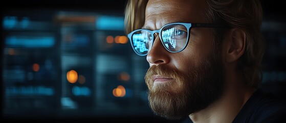 Focused man working late, data reflected in glasses.