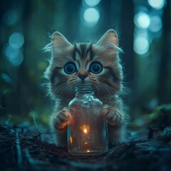 Poster - Cute cat with expressive eyes trapped inside a clear glass bottle set against a dark forest backdrop Detailed textures and realistic lighting create a cinematic surreal atmosphere