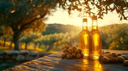 Poster - Two bottles of golden olive oil rest on a weathered wooden table, surrounded by fresh olives, as the sun sets behind lush vineyards. This tranquil setting captures the essence of nature's bounty