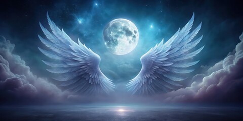 Wall Mural - Serene Night Scene Featuring Majestic Wings Spread Wide Beneath a Brilliant Full Moon and Starry Sky