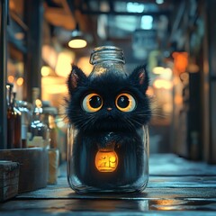 Poster - Cute character enclosed in a clear glass bottle with vivid expressive eyes The dark abstract background and detailed digital textures contribute to a highly detailed cinematic surrealism