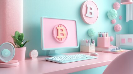 Poster - a pastel-themed workspace featuring a computer with a bitcoin logo, complemented by plants and decor