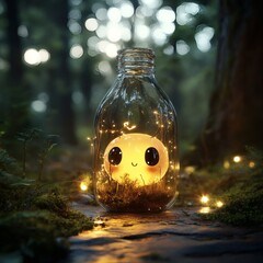 Poster - Cute character trapped inside a clear glass bottle with expressive eyes Set against a dark forest background the highly detailed texture and realistic lighting create a cinematic surreal atmosphere