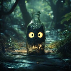 Poster - Cute character trapped inside a clear glass bottle with expressive eyes Set against a dark forest background the highly detailed texture and realistic lighting create a cinematic surreal atmosphere
