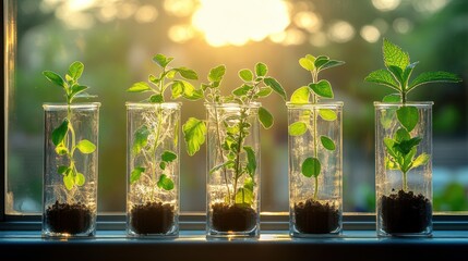 Wall Mural - Windowsill herb seedlings sunset growth science