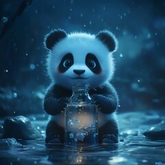 Poster - Cute panda with expressive eyes trapped inside a clear glass bottle set against a dark ocean background Detailed textures and realistic lighting create a surreal cinematic atmosphere