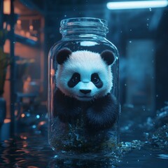 Poster - Cute panda with expressive eyes trapped inside a clear glass bottle set against a dark ocean background Detailed textures and realistic lighting create a surreal cinematic atmosphere
