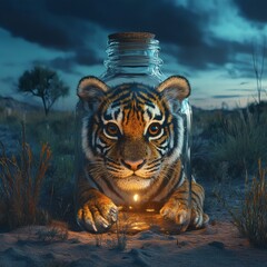 Poster - Cute tiger with expressive eyes trapped inside a clear glass bottle against a dark desert background Highly detailed textures and realistic lighting create a surreal cinematic effect