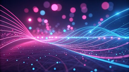Poster - 3d render, abstract background with pink, blue glowing neon lines and bokeh lights. Data transfer concept. Digital wallpaper, futuristic, cyber style, modern tech scene with vibrant energy