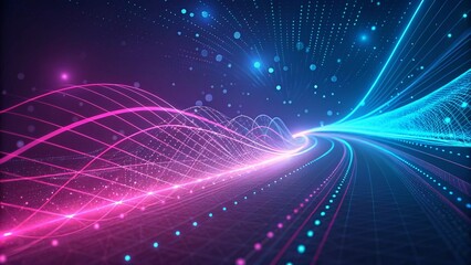Poster - 3d render, abstract background with pink, blue glowing neon lines and bokeh lights. Data transfer concept. Digital wallpaper, futuristic, cyber style, modern tech scene with vibrant energy
