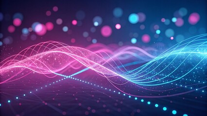 Poster - 3d render, abstract background with pink, blue glowing neon lines and bokeh lights. Data transfer concept. Digital wallpaper, futuristic, cyber style, modern tech scene with vibrant energy