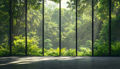 A serene virtual background of a nature-inspired workspace with a view of a dense forest through large glass panels