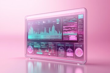 Poster - a futuristic digital display showcasing vibrant graphs and analytics against a soft pink background.