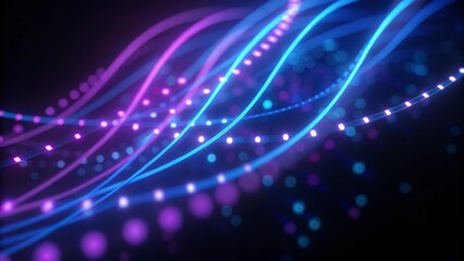 Poster - 3d render, abstract background with pink blue neon lines glowing in ultraviolet light, and bokeh lights. Data transfer concept. Digital futuristic wallpaper, glowing, tech, vibrant light beam