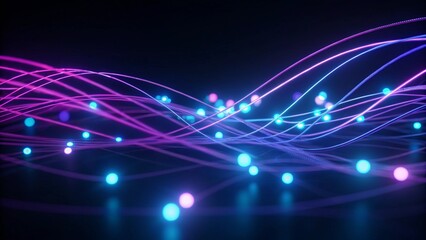 Poster - 3d render, abstract background with pink blue neon lines glowing in ultraviolet light, and bokeh lights. Data transfer concept. Digital futuristic wallpaper, glowing, tech, vibrant light beam