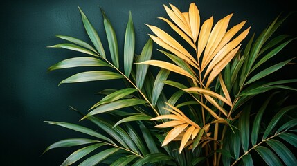 Canvas Print - Golden and green palm leaves against dark background, home decor