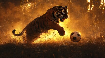 Poster - Dark silhouette of tiger kicks a soccer ball against a backdrop of a radiant golden sunset The scene exudes both a sense of danger and playfulness as the tiger's shadowed form contrasts with the light