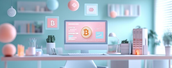 Poster - A modern workspace featuring a computer displaying Bitcoin, surrounded by pastel decor and plants, creating a vibrant, tech-savvy atmosphere.