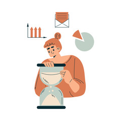 Aufkleber - Time Management with Woman Character with Hourglass Organizing Efficient Business Process Vector Illustration