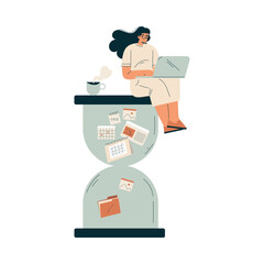 Aufkleber - Time Management with Woman Character Sit on Hourglass with Laptop Organizing Efficient Business Process Vector Illustration