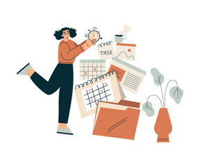 Aufkleber - Time Management with Woman Character Organizing Efficient Business Process Vector Illustration