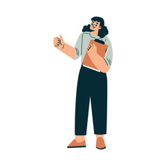 Aufkleber - Business Process with Woman Standing with Clipboard Show Thumb Up Vector Illustration