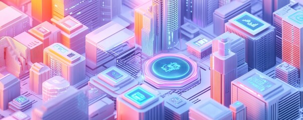 Poster - a vibrant, futuristic cityscape with glowing buildings and digital elements, representing advanced t