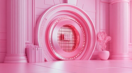 Wall Mural - A vivid pink room featuring a large decorative vault door, complemented by classical columns and a plant, creating a surreal ambiance.