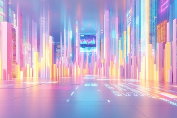 Poster - A vibrant, futuristic cityscape with glowing skyscrapers and colorful lights, creating a digital and high-tech atmosphere.