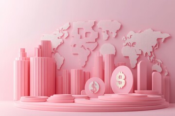 A stylized pink cityscape with currency symbols and a world map, representing finance and global economics in a modern design.