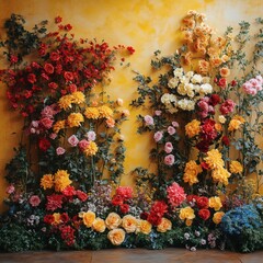 Poster - Detailed photo of a yellow backdrop adorned with a lush floral theme The backdrop showcases an assortment of fresh flowers creating a lively and cheerful setting