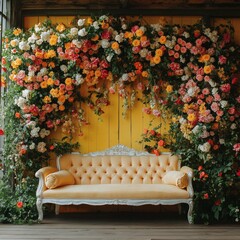 Poster - Detailed photo of a yellow backdrop adorned with a lush floral theme The backdrop showcases an assortment of fresh flowers creating a lively and cheerful setting