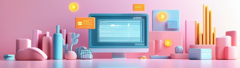 Poster - a vibrant digital workspace featuring a computer, graphic elements, and colorful objects that signif