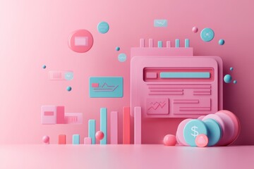 Poster - a vibrant, pastel-themed digital illustration featuring graphs, charts, and buttons, symbolizing dat