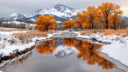 Wall Mural - Autumnal stream reflects snowy mountains