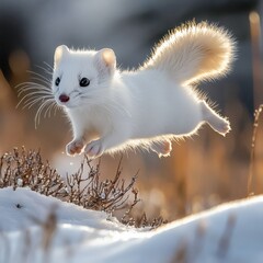 Poster - Dynamic shot of a white stoat midleap its fur sharply focused against a snowy backdrop Earthy tones and patches of grass blur in the background capturing the playful energy in vivid detail