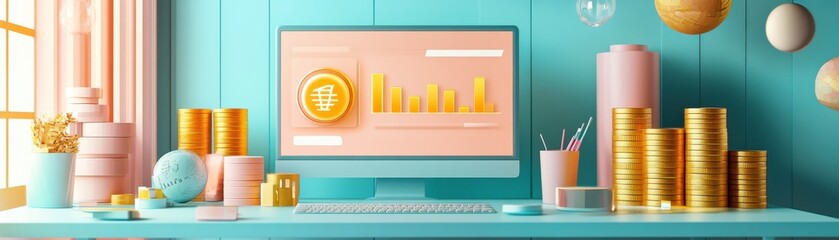 Poster - a modern workspace featuring a computer displaying financial data, surrounded by decorative items an