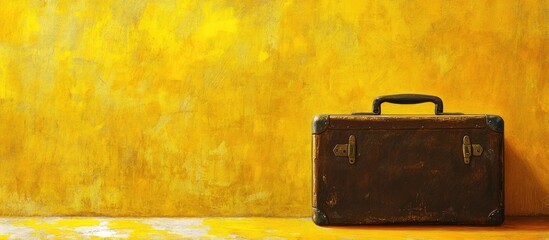 Vintage suitcase positioned on the right side against a bright yellow textured background, creating a striking and energetic visual composition.