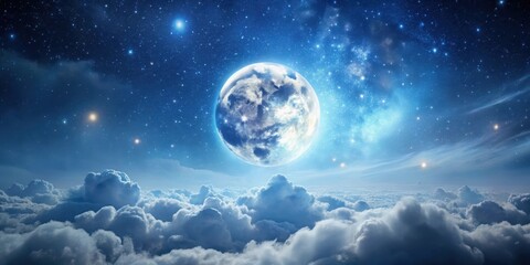 Wall Mural - Celestial Orb Ascending Above a Sea of Clouds Under a Starry Night Sky