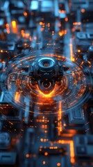 Poster - Futuristic dronestyle camera rendered in 3D flying through a glowing digital grid The camera navigates the abstract space its lens focused and capturing every moment of the surreal environment