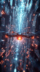 Fototapete - Futuristic dronestyle camera rendered in 3D flying through a glowing digital grid The camera navigates the abstract space its lens focused and capturing every moment of the surreal environment