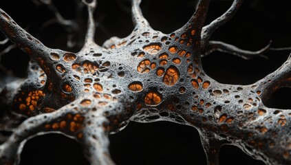Poster - Abstract close-up view of intricate organic structure with network-like design and glowing orange highlights against a dark background