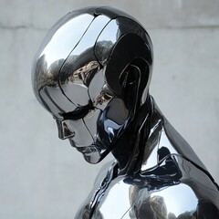 Fototapete - Futuristic liquid metal robot begins morph into humanlike figure smooth metallic surfaces reflecting light Its form shifts between abstract shapes and detailed human features showcasing future tech