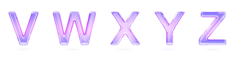Poster - 3d glass holographic liquid transparent font of alphabet letters v, w, x, y, z. Iridescent english type, isolated crystal text with purple pink gradient texture, realistic render set. 3D illustration