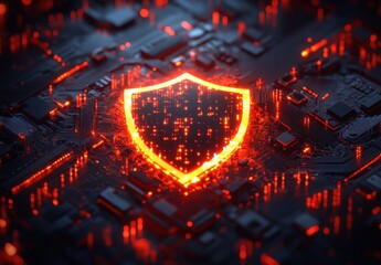 Poster - Abstract depiction of cyber security concept with glowing shield on a circuit board background, representing digital protection and data security technology