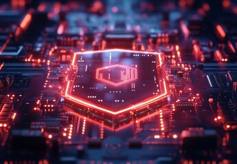 Poster - Abstract digital background featuring a glowing hexagon shield on a microchip, showcasing technology, cybersecurity, and futuristic design elements