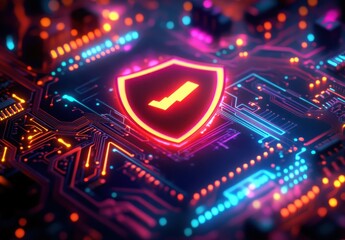 Poster - Abstract digital background showcasing a glowing shield symbol representing cybersecurity and technology in a vibrant circuit board environment