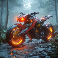 Poster - Futuristic motocross bike red yellow dragonheaded design stands a rocky path in a misty forest The bike's glowing eyes and intricate details evoke power and agility amidst the mysterious surroundings